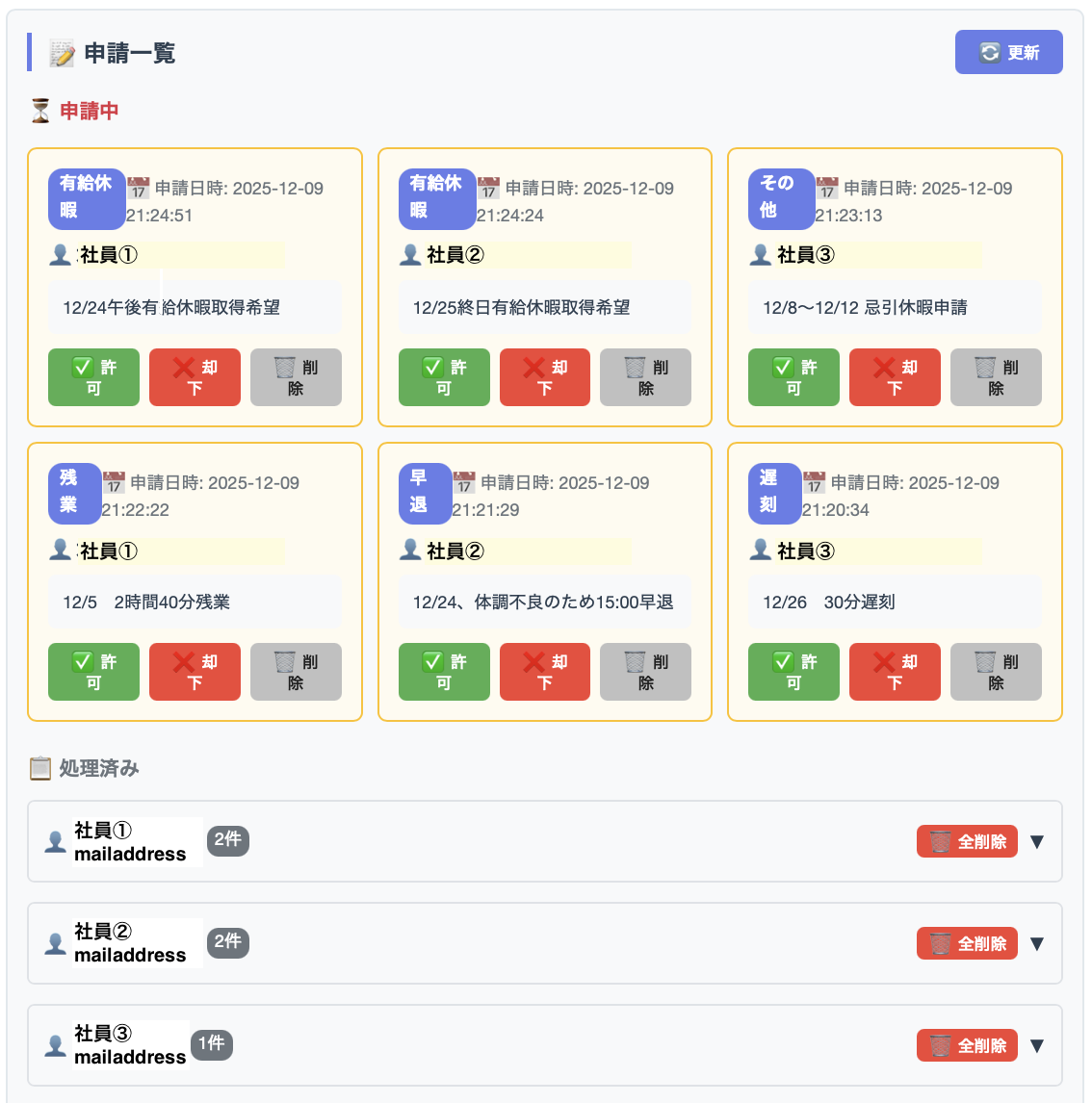 申請一覧 - 申請中と処理済みの申請が社員ごとにグループ化されて表示されている画面